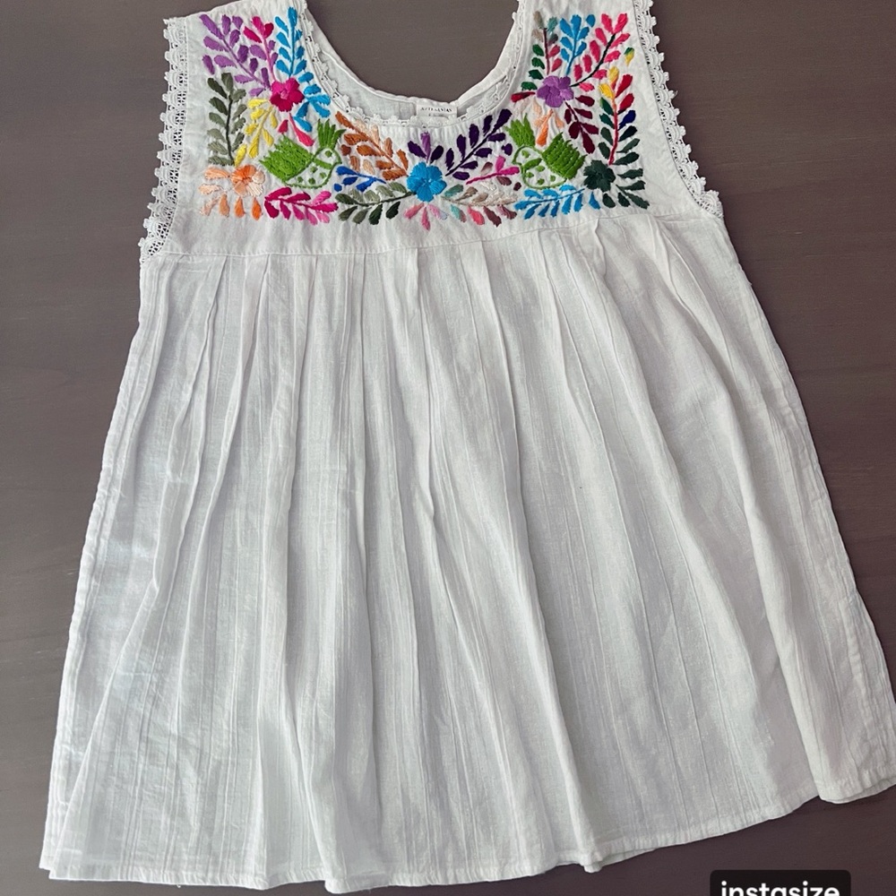 White Sleeveless Mexican Top with Colorful Embroidery